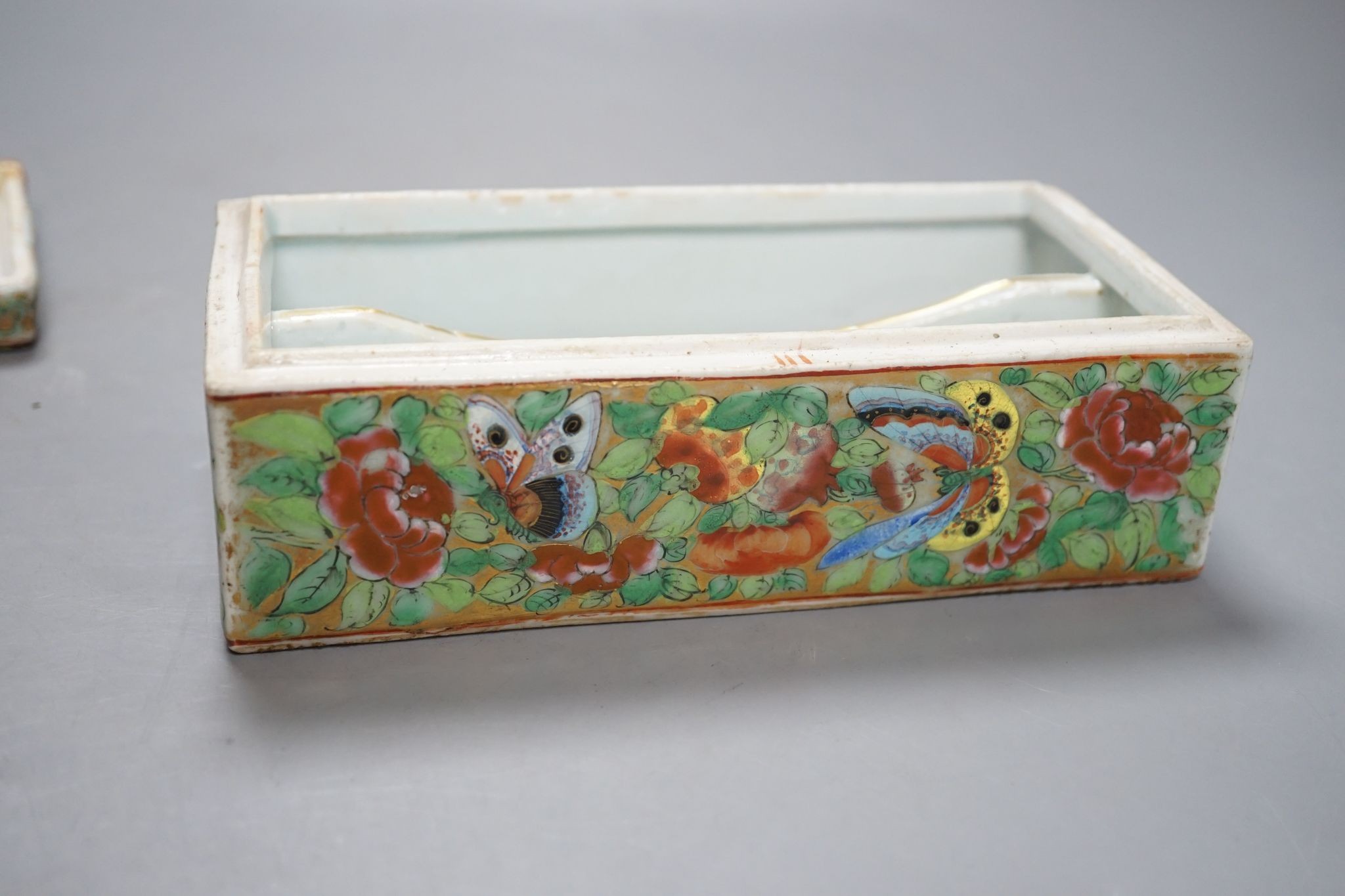 A Canton famille rose pen box, restored, 19cm